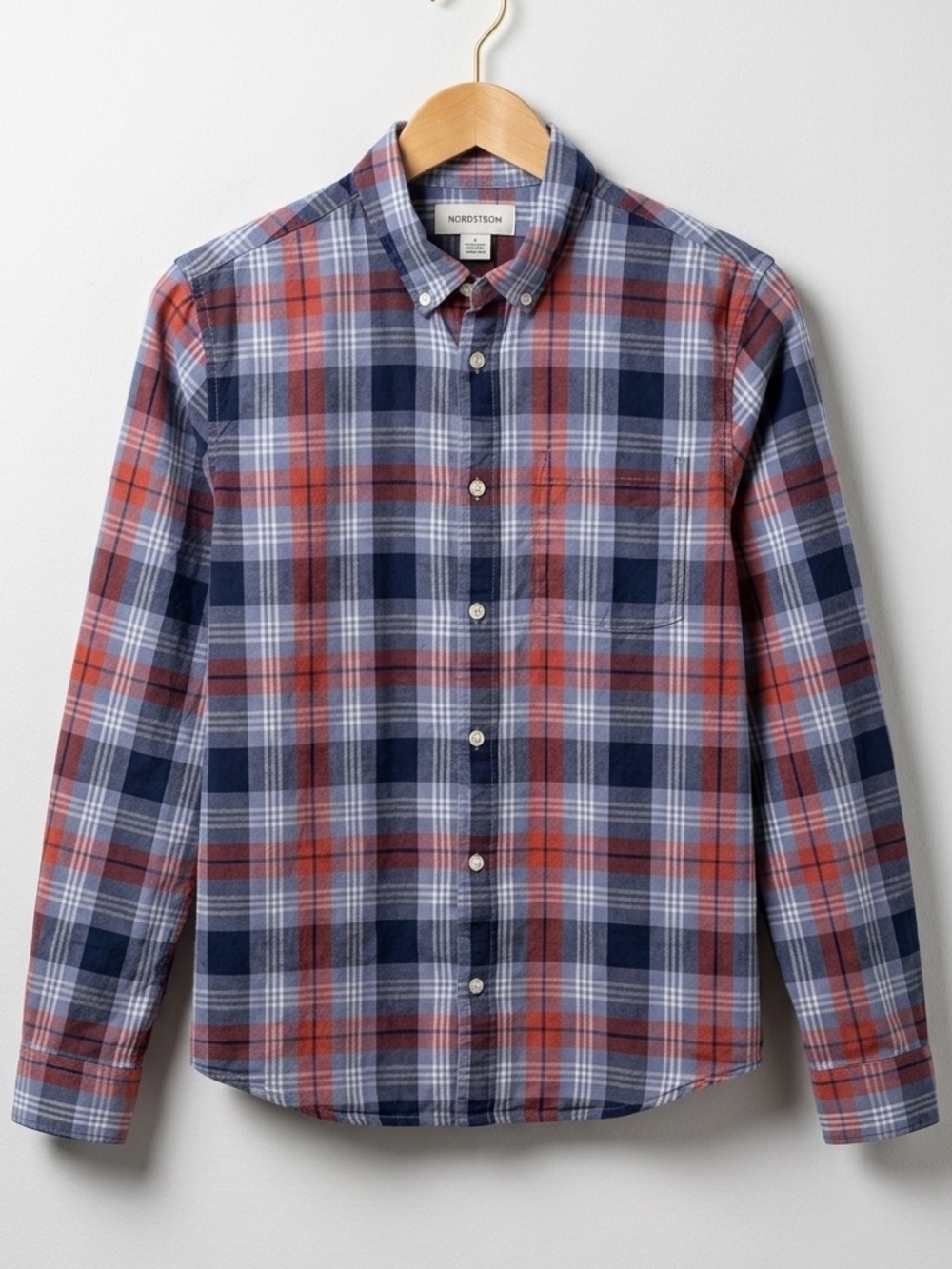 Nordstrom 100% Cotton Navy Blue And Rust Plaid Button-Down Collared Shirt Preppy